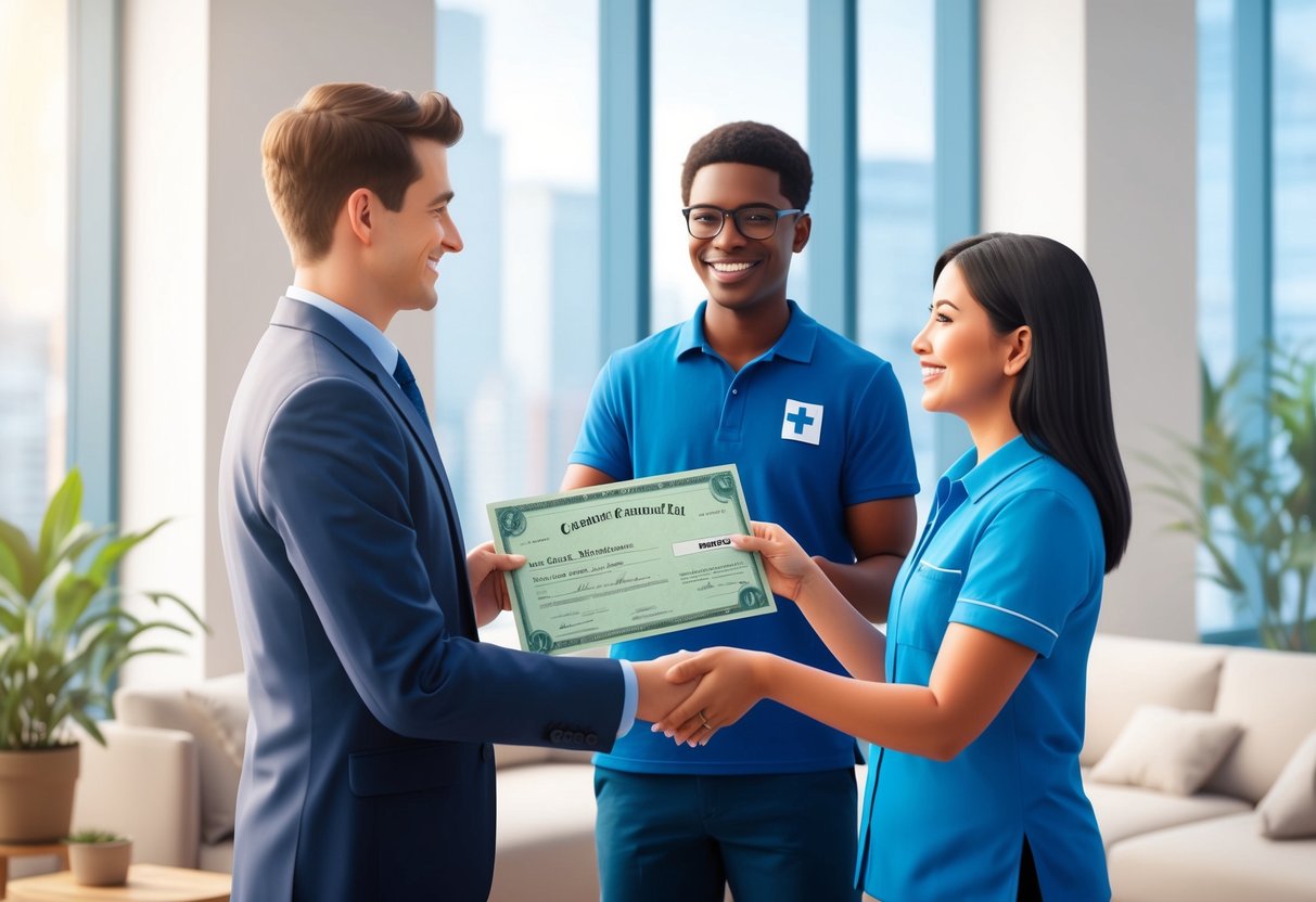 A person handing over a stock certificate to a charity representative, with a smile on both their faces