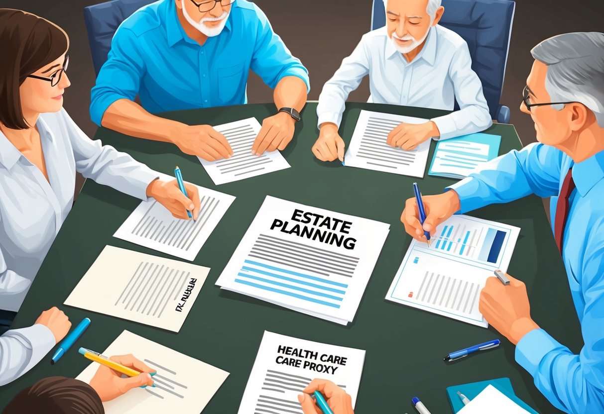 A family sitting around a table, discussing estate planning documents and designating a health care proxy. Papers and pens are scattered across the table