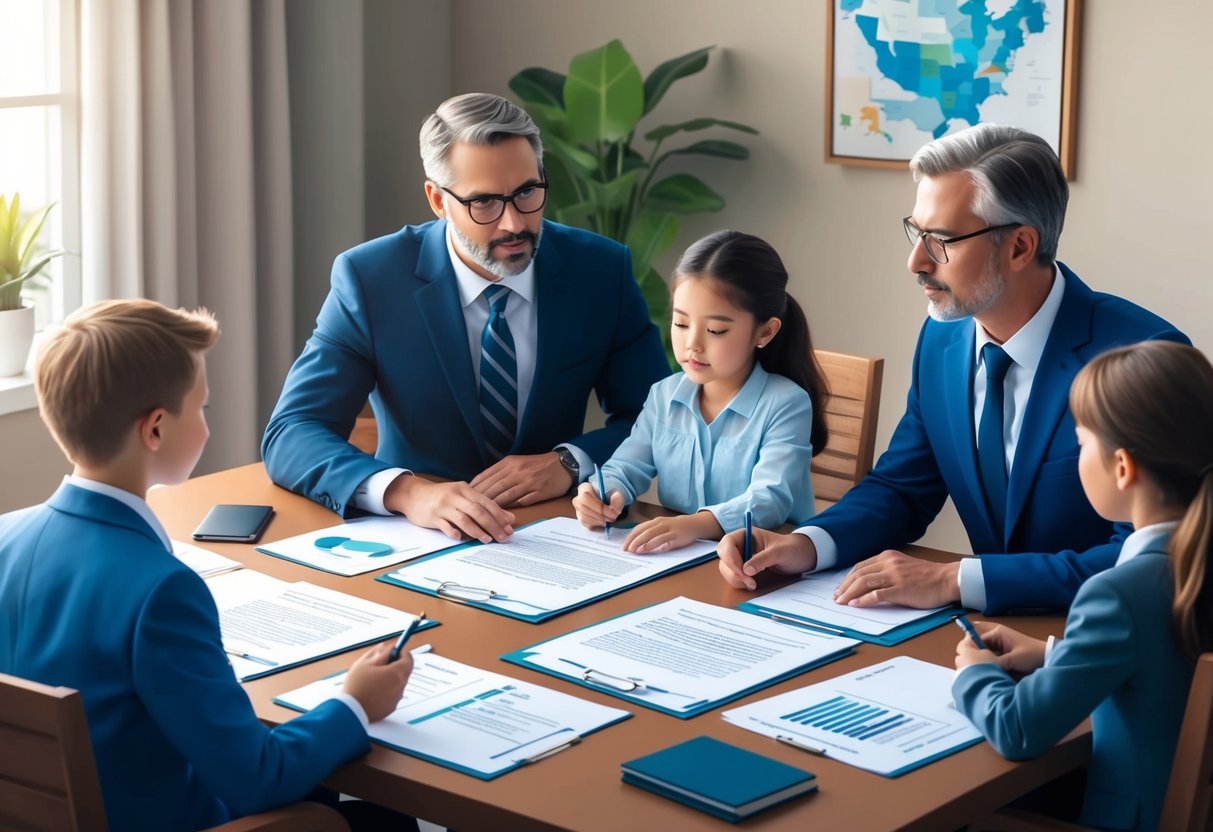 A family sits around a table with legal documents, discussing and planning for the future. A lawyer is present, guiding them through the process