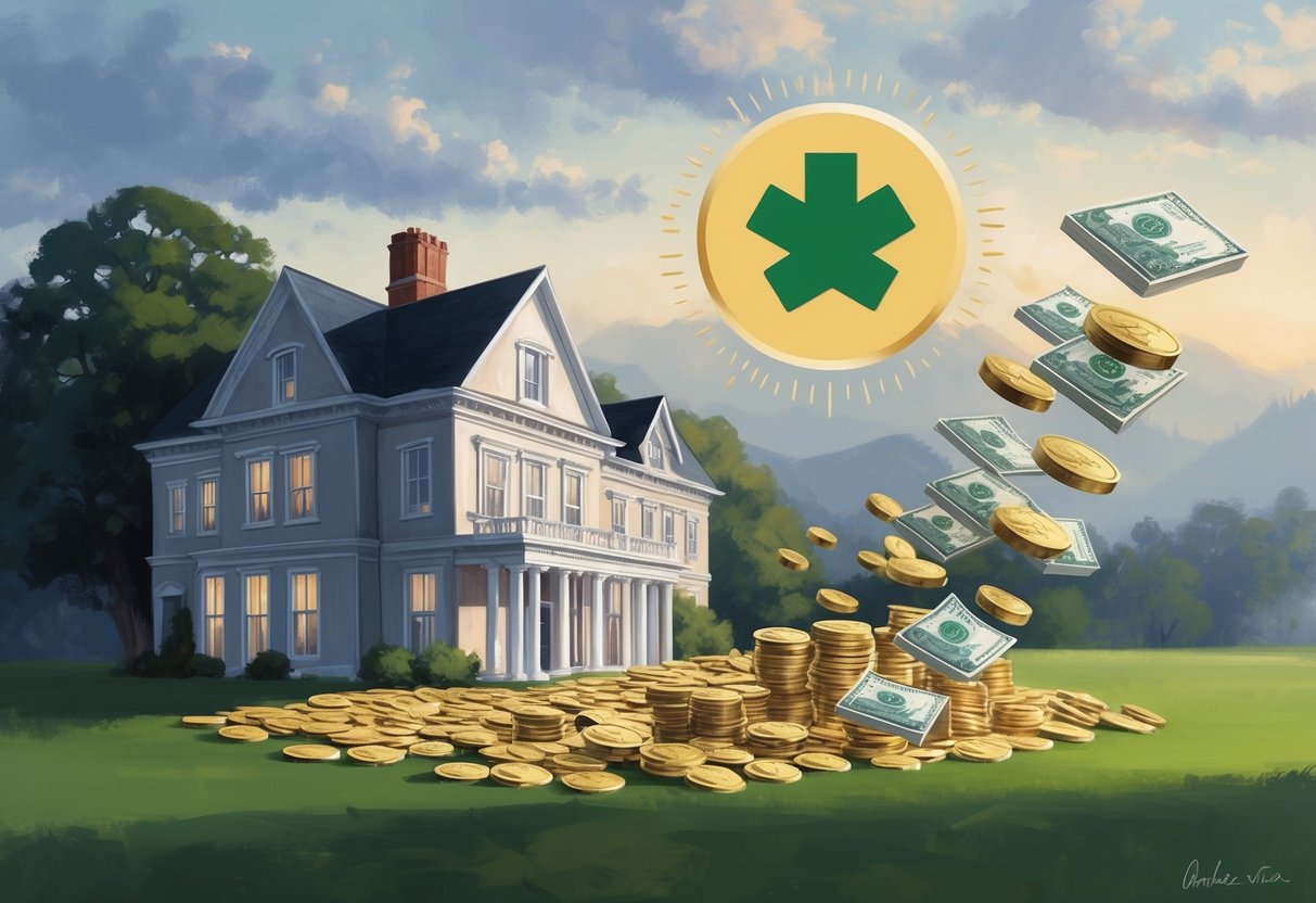A large estate shrinking while assets float towards a charity symbol