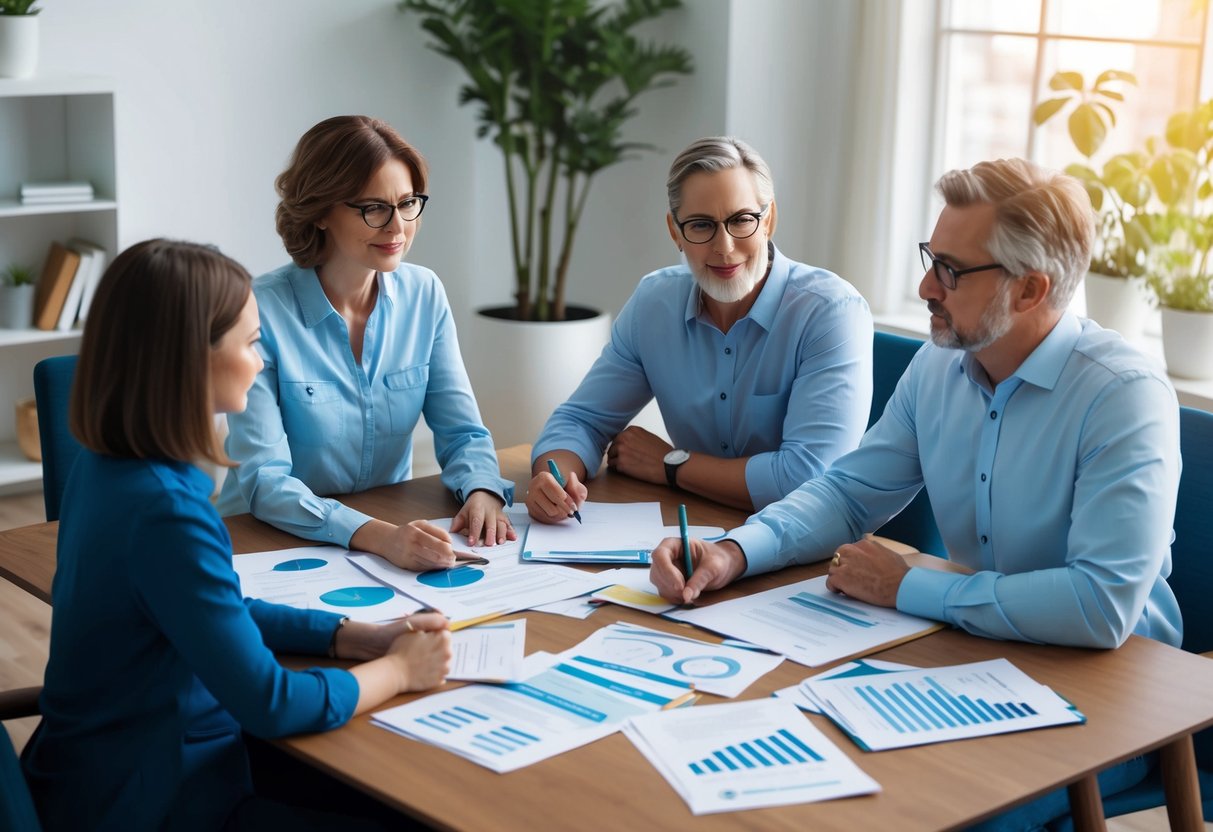 A family of four sits around a table, discussing estate planning. Documents and financial papers are spread out, with a sense of organization and security
