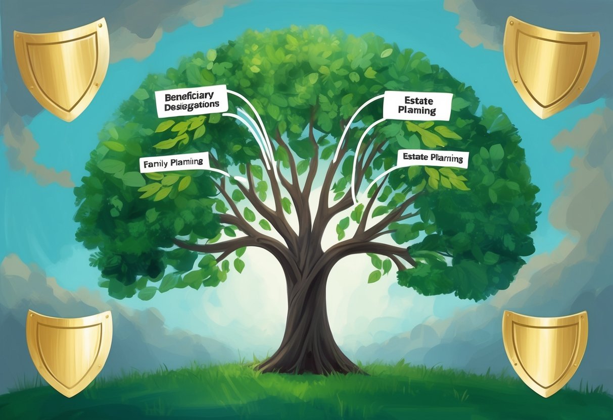 A family tree with branches labeled "Beneficiary Designations" and "Estate Planning" surrounded by protective shields