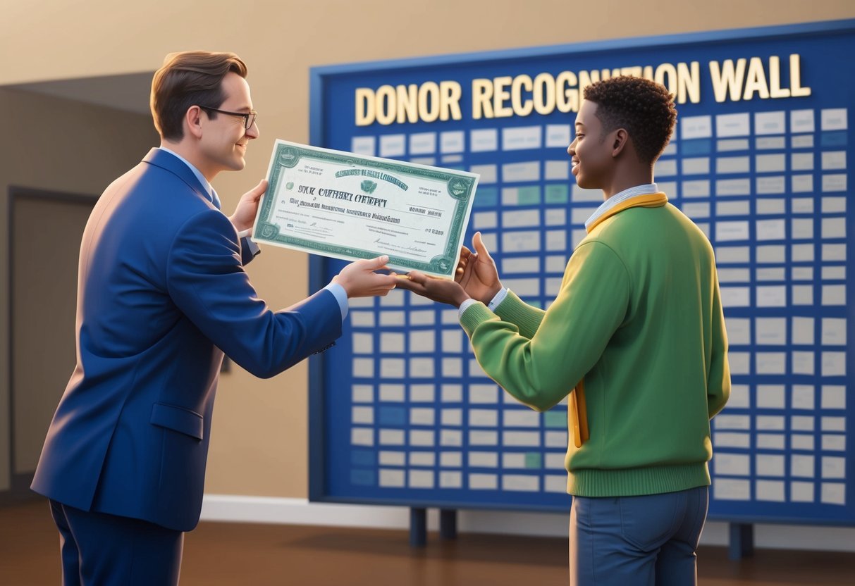 A person handing over a stock certificate to a charity representative, with a backdrop of a large donor recognition wall