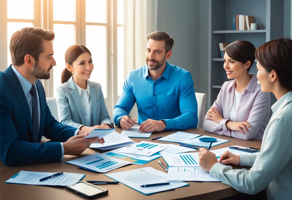 A family sitting around a table, discussing finances and legal documents with a lawyer. Papers and pens are scattered across the table. A sense of security and protection is evident in their expressions