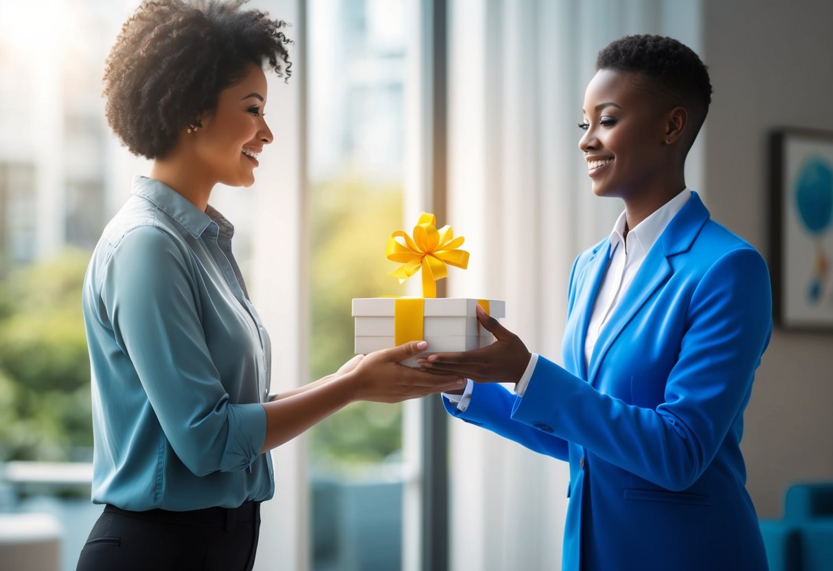 A person donating appreciated assets to a charity, with a smiling charity representative receiving the gift