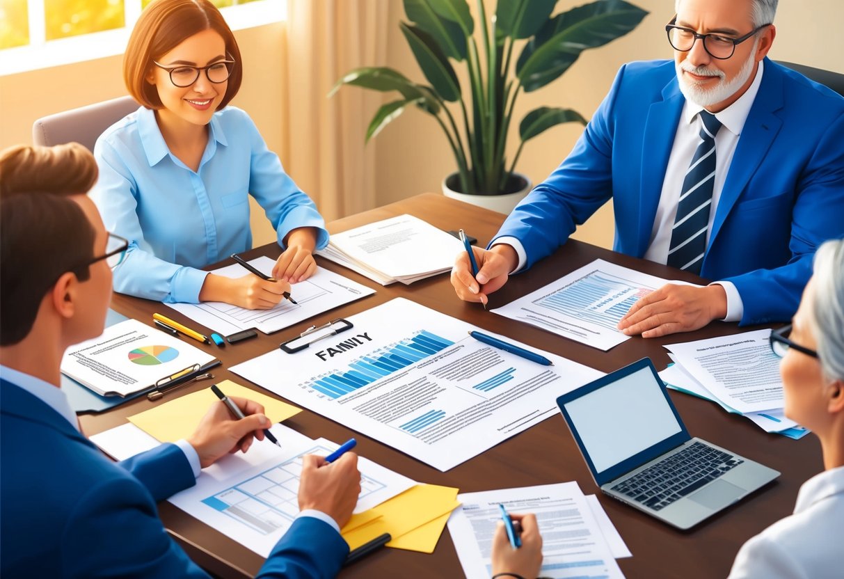 A family sitting around a table, discussing estate planning documents with a lawyer. Papers, pens, and a laptop are scattered on the table