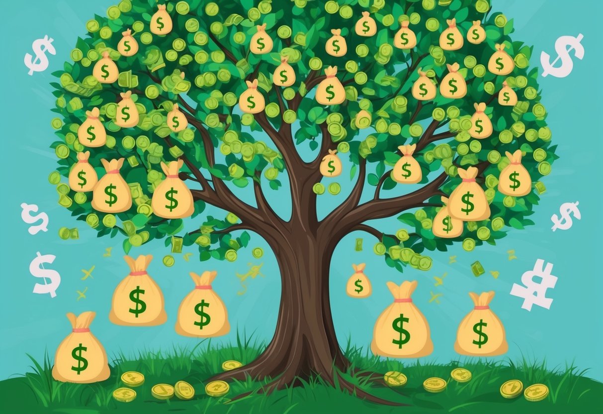 A tree with branches filled with growing money bags, surrounded by symbols of tax benefits and charity