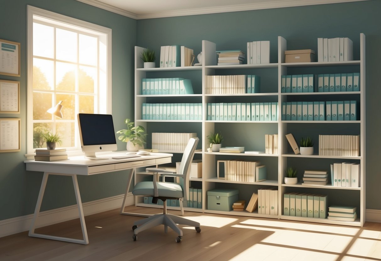 A serene and organized home office with a desk, computer, and shelves filled with financial planning books and documents. Sunlight streams through the window, casting a warm glow over the space
