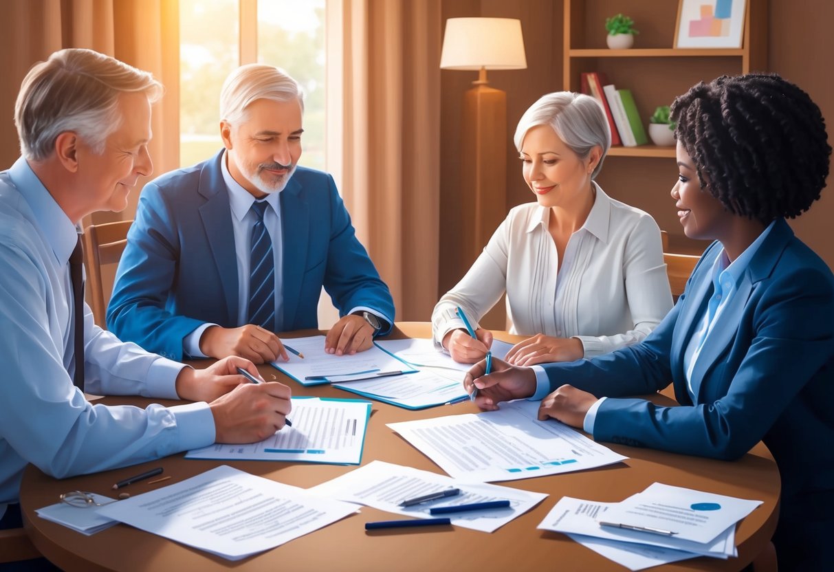 A family sitting around a table, discussing estate planning documents with a lawyer. Papers and pens are scattered on the table. A warm, comforting atmosphere is evident
