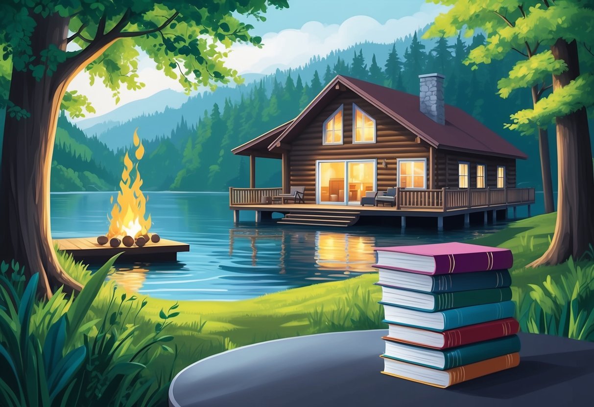A serene lakeside cabin surrounded by lush green trees, with a cozy fire burning inside and a stack of financial planning books on the table
