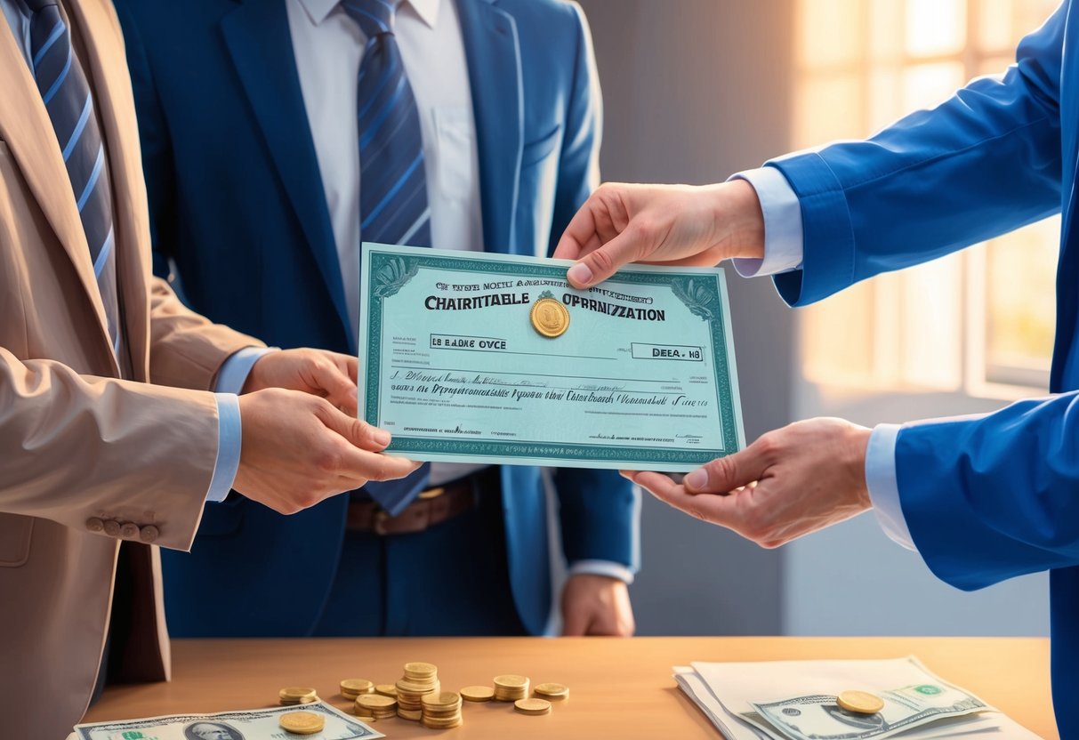 A person handing over a stock certificate or property deed to a representative of a charitable organization