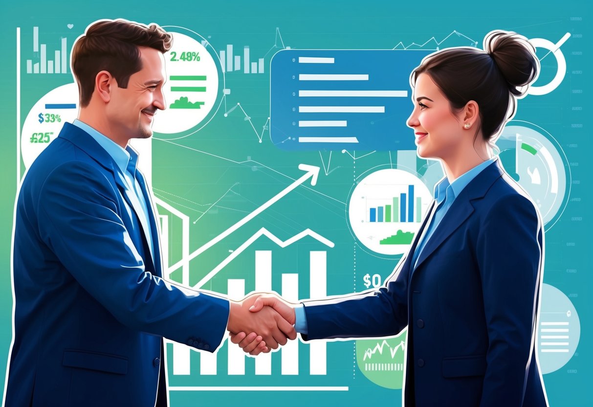 A person donates stocks to a charity, symbolized by a handshake between the donor and a representative of the charity, with a background of financial graphs and charts