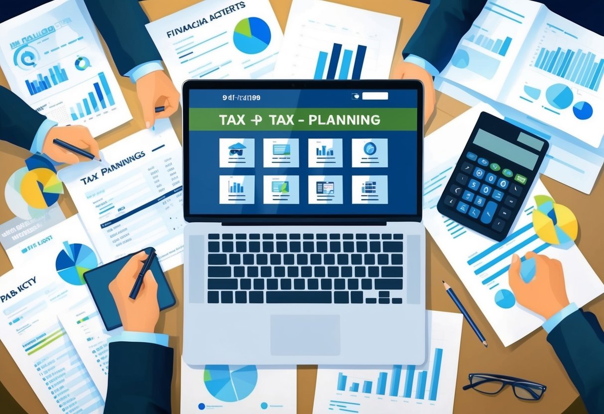 A table with financial documents, a calculator, and a laptop open to a tax planning website, surrounded by charts and graphs