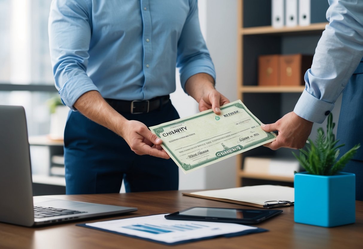 A person handing over a stock certificate or property deed to a charity representative in an office setting