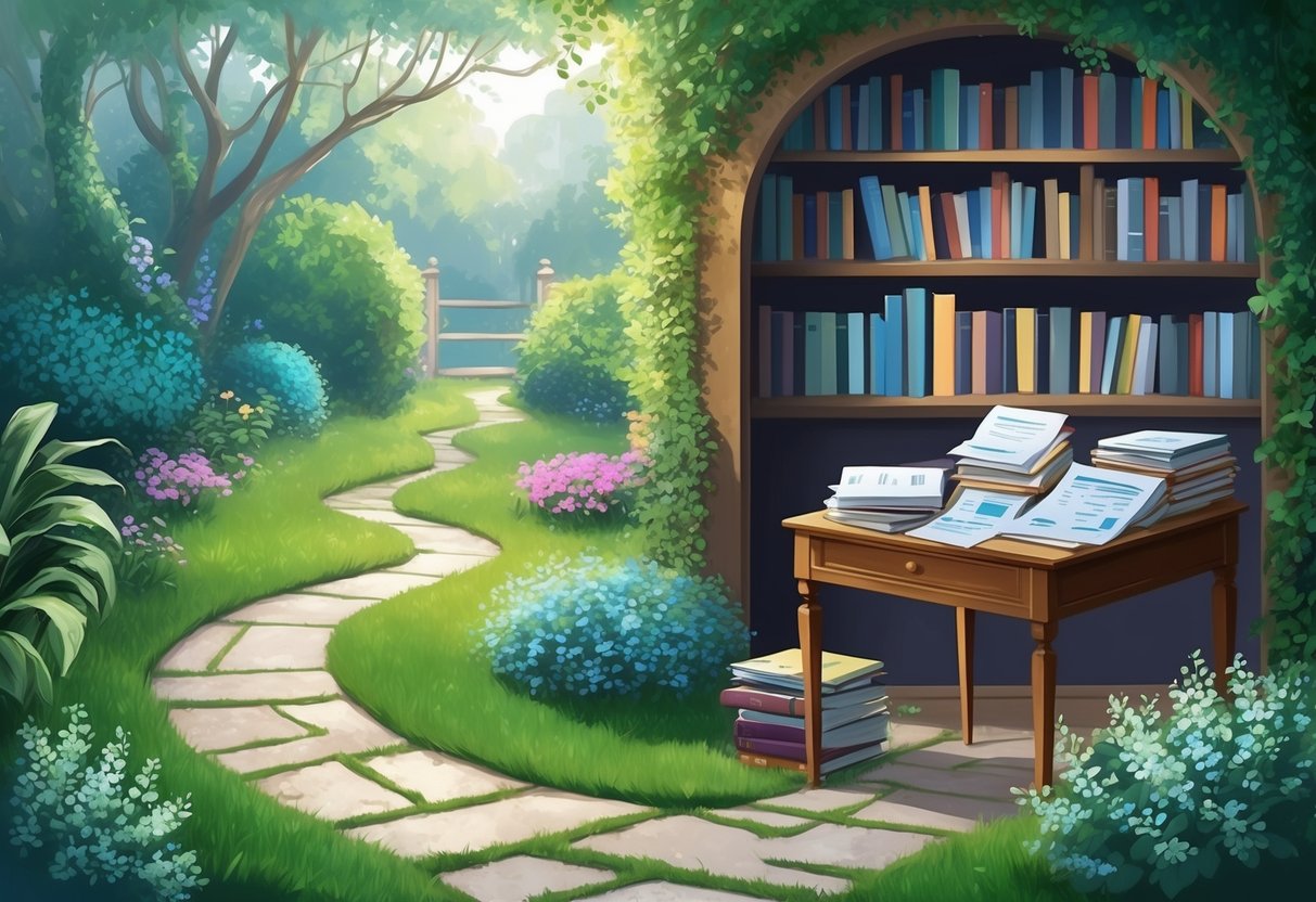 A tranquil garden with a winding path, leading to a cozy study filled with books and a desk covered in financial documents. A serene setting with a focus on financial planning and tax efficiency