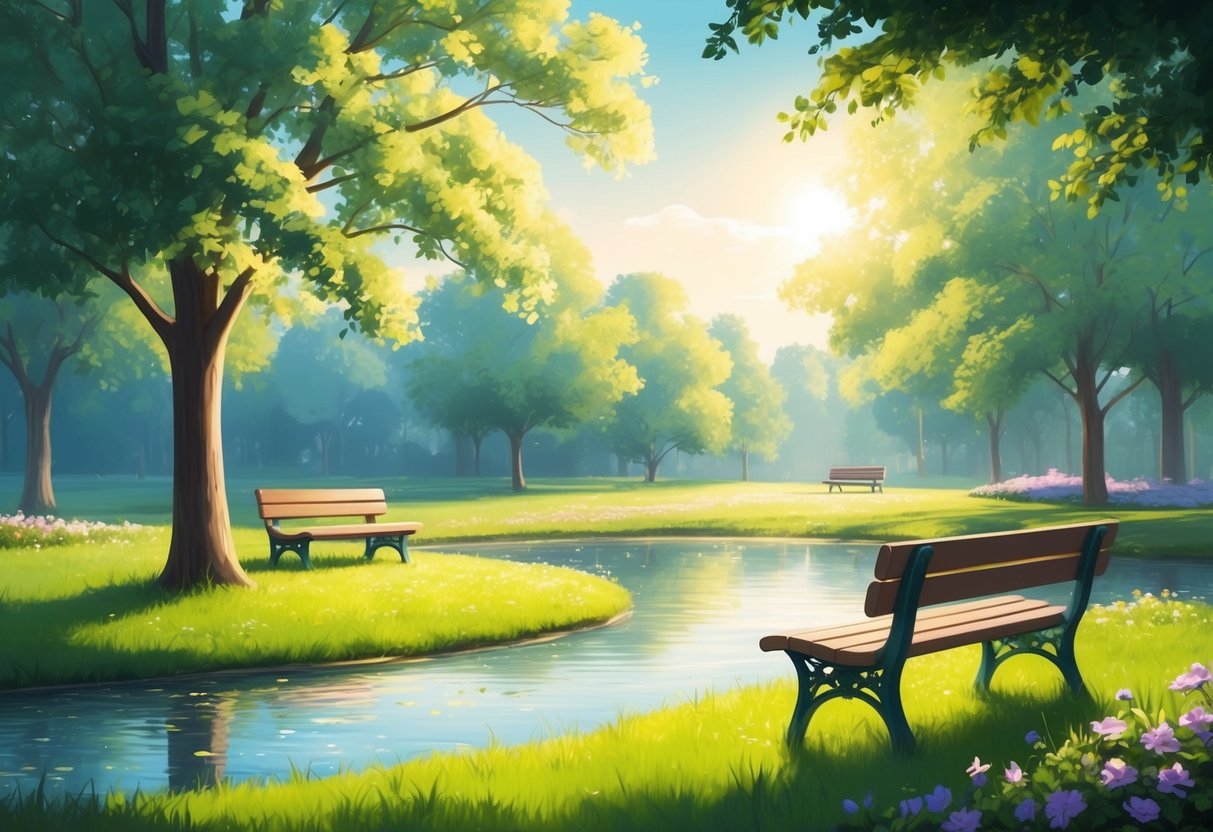 A serene, sunlit park with a peaceful pond and a bench, surrounded by trees and flowers, with a gentle breeze rustling the leaves