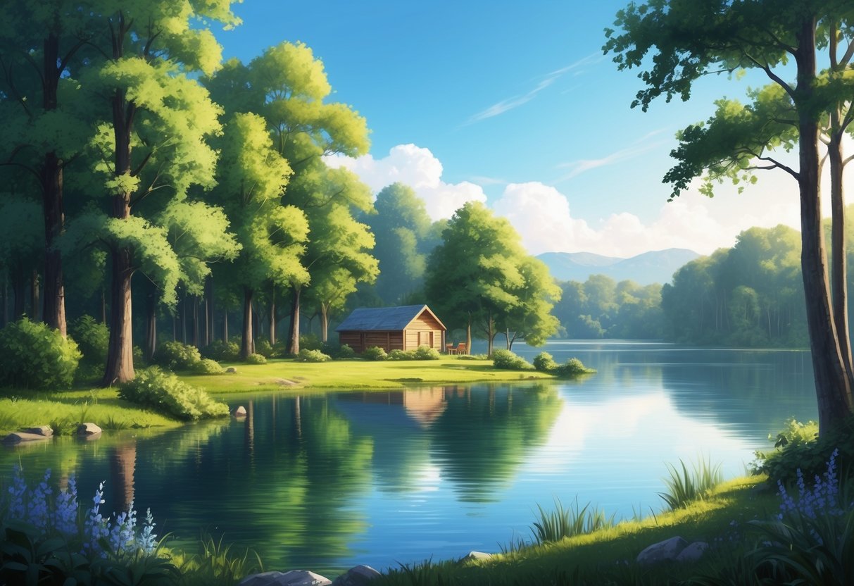 A serene retirement scene with a tranquil lake surrounded by lush green trees, with a small cabin in the background, and a clear blue sky overhead