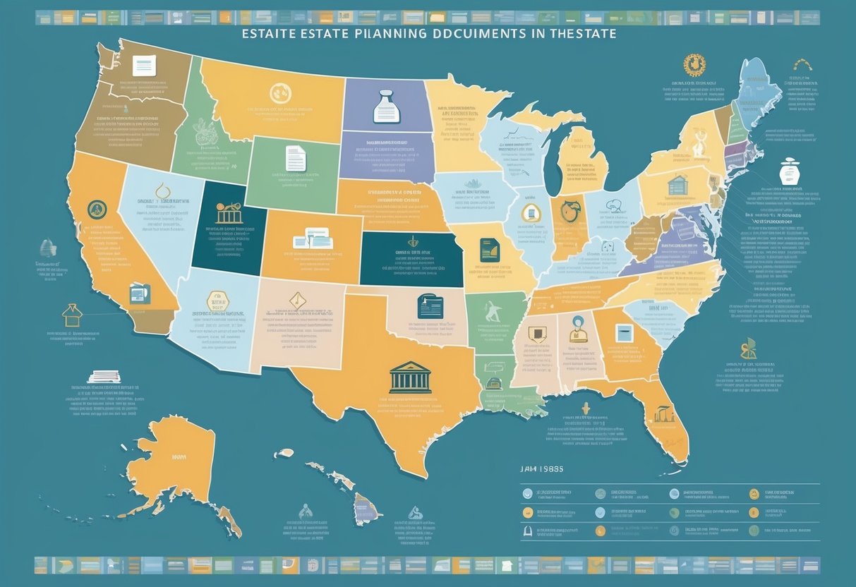 A map of the United States with various estate planning documents and symbols representing the different probate process variations in each state