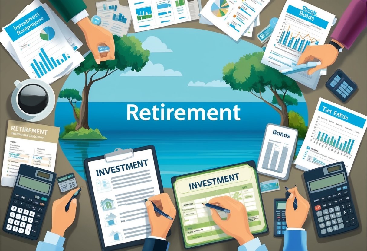 A serene retirement scene with a diverse array of investment options, including real estate, stocks, and bonds, surrounded by tax-related documents and calculators