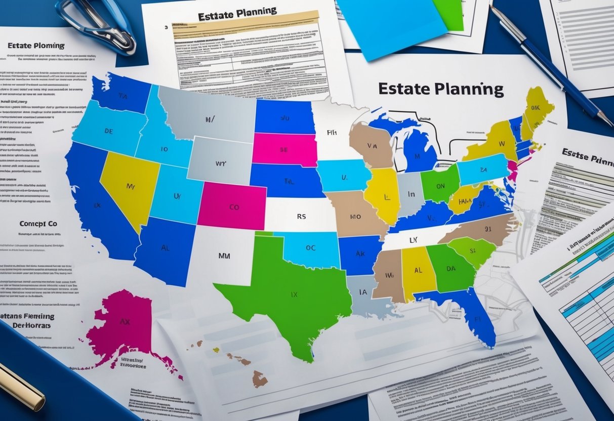 A map of the United States with each state highlighted in a different color, surrounded by documents and legal papers related to estate planning