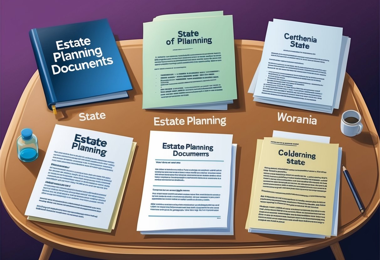 A table with five different estate planning documents, each labeled with the name of a different state