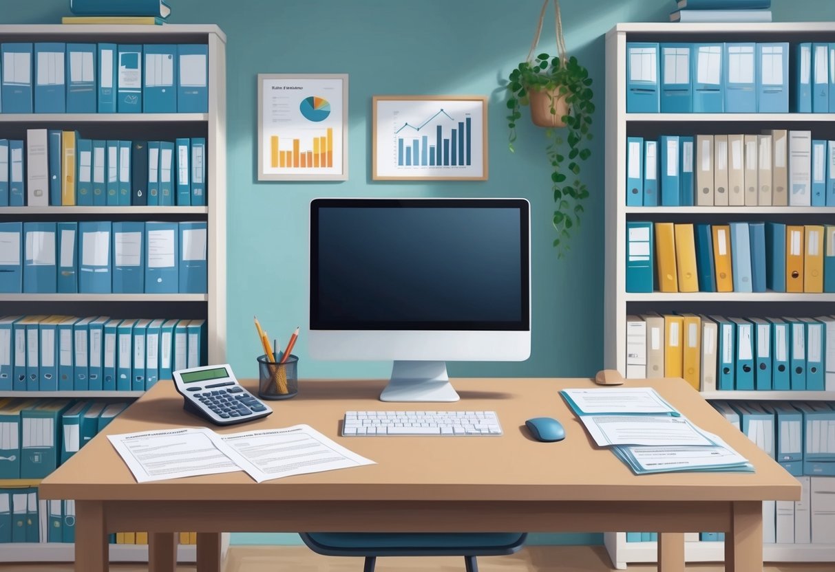 A serene and organized home office with a desk, computer, and files, surrounded by shelves of financial and retirement planning books. A calculator and tax forms sit on the desk