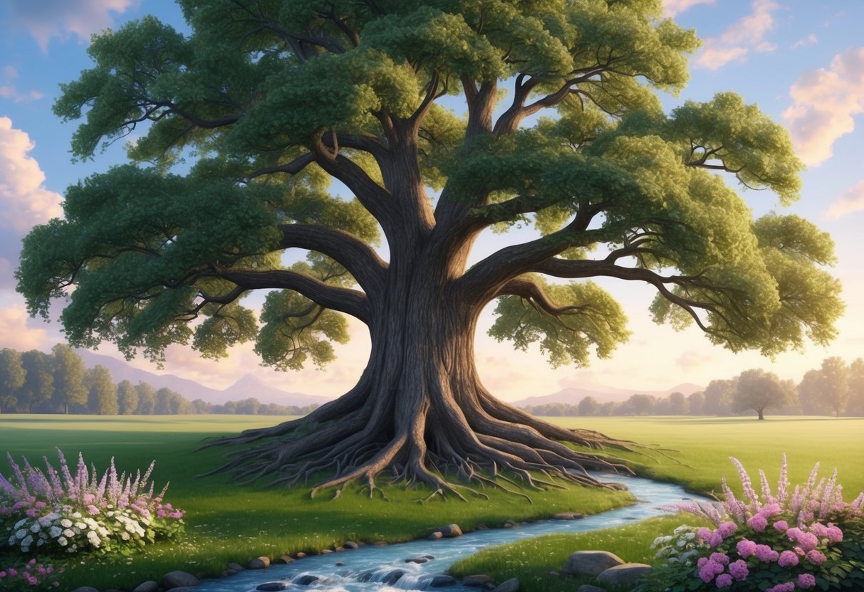 A grand oak tree with roots extending deep into the earth, surrounded by flourishing flowers and a flowing stream, symbolizing the growth and impact of scholarship endowments