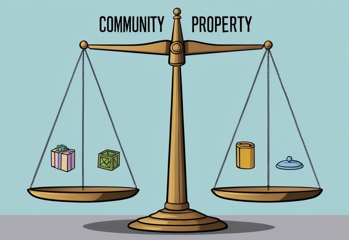 A scale with two sides, one labeled "Community Property" and the other "Common Law," with five distinct items representing differences in estate planning across states