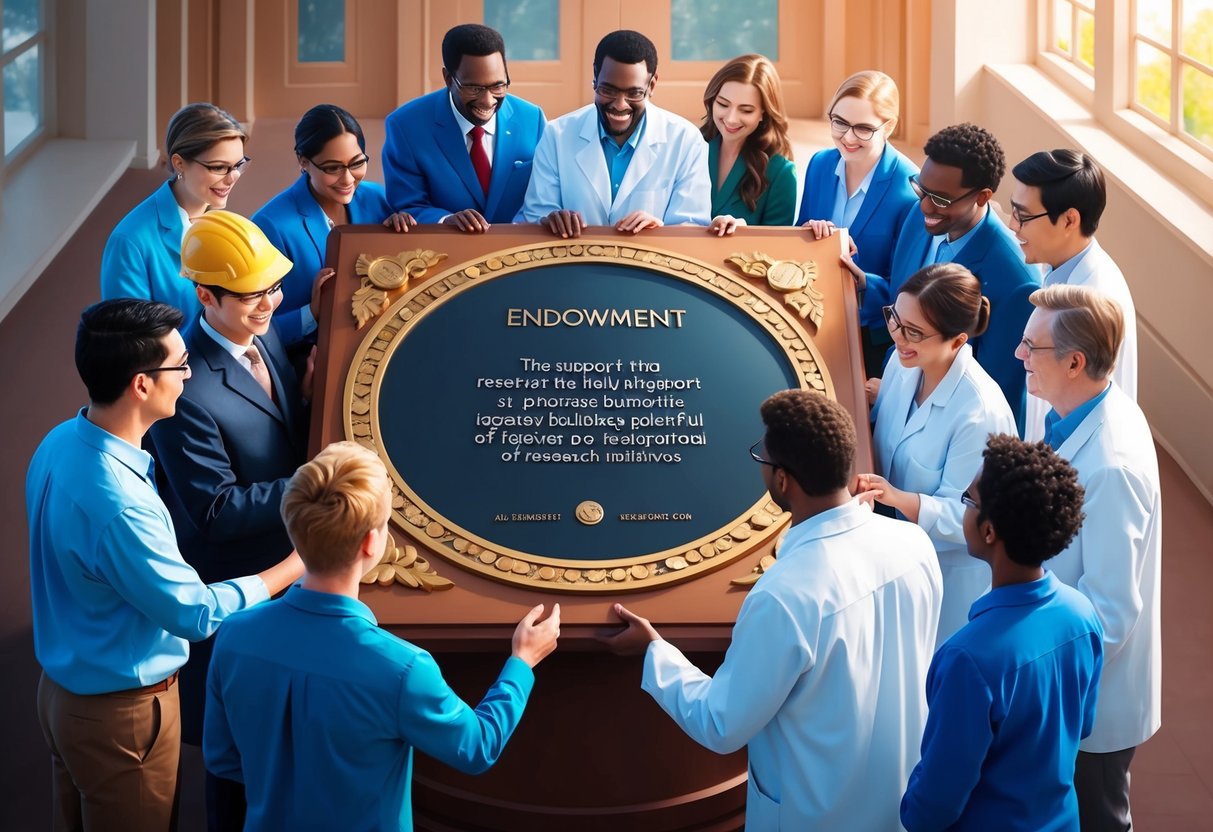 A group of researchers gather around a large, ornate endowment plaque, symbolizing the support and legacy-building potential of research initiatives