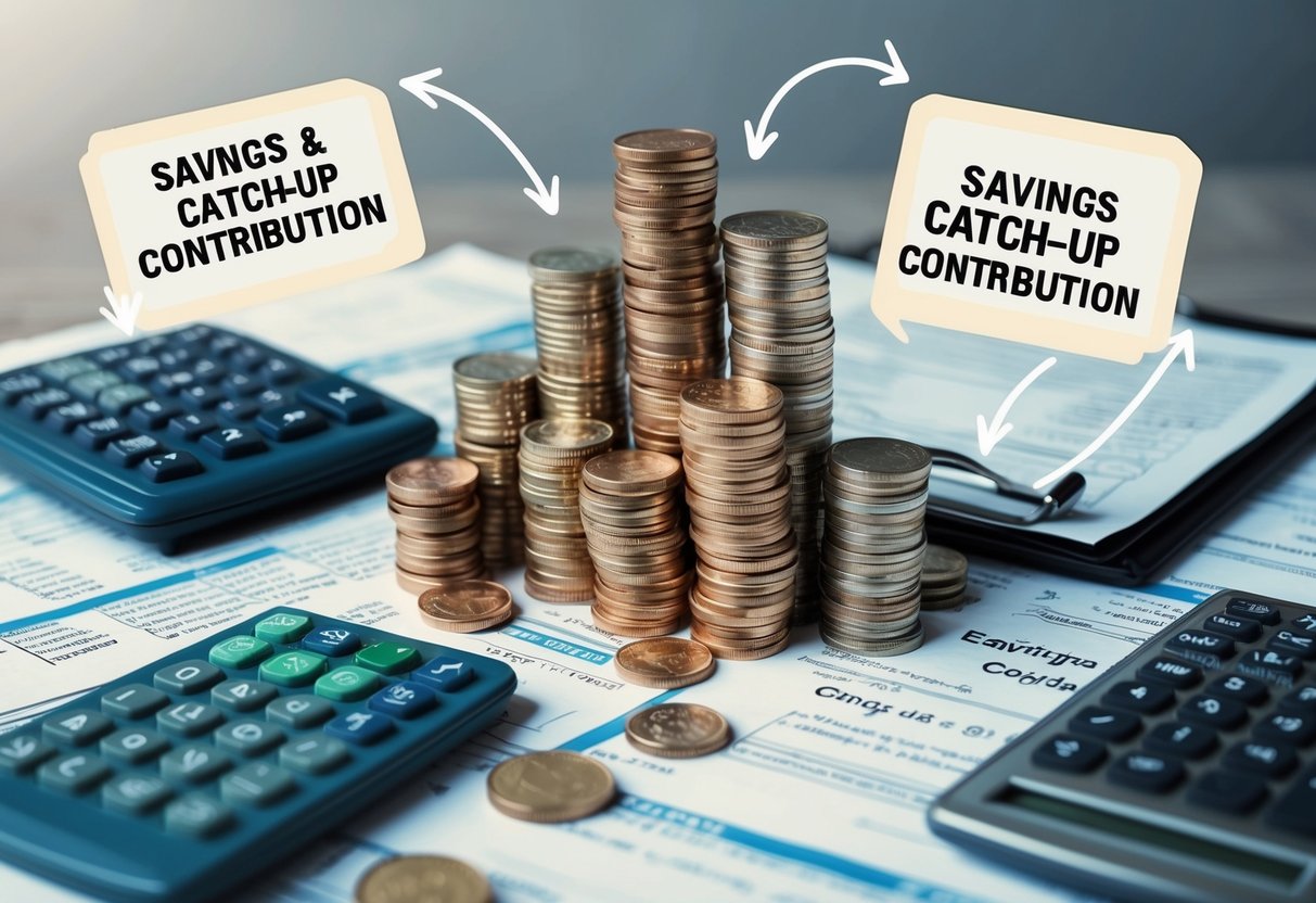A stack of coins and dollar bills surrounded by financial documents and a calculator, with arrows pointing to various savings and catch-up contribution strategies