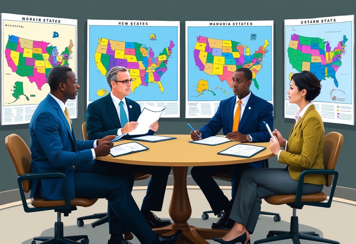 A group of four individuals seated around a table, each holding a document and engaged in a discussion. Maps of different states are displayed on the wall behind them