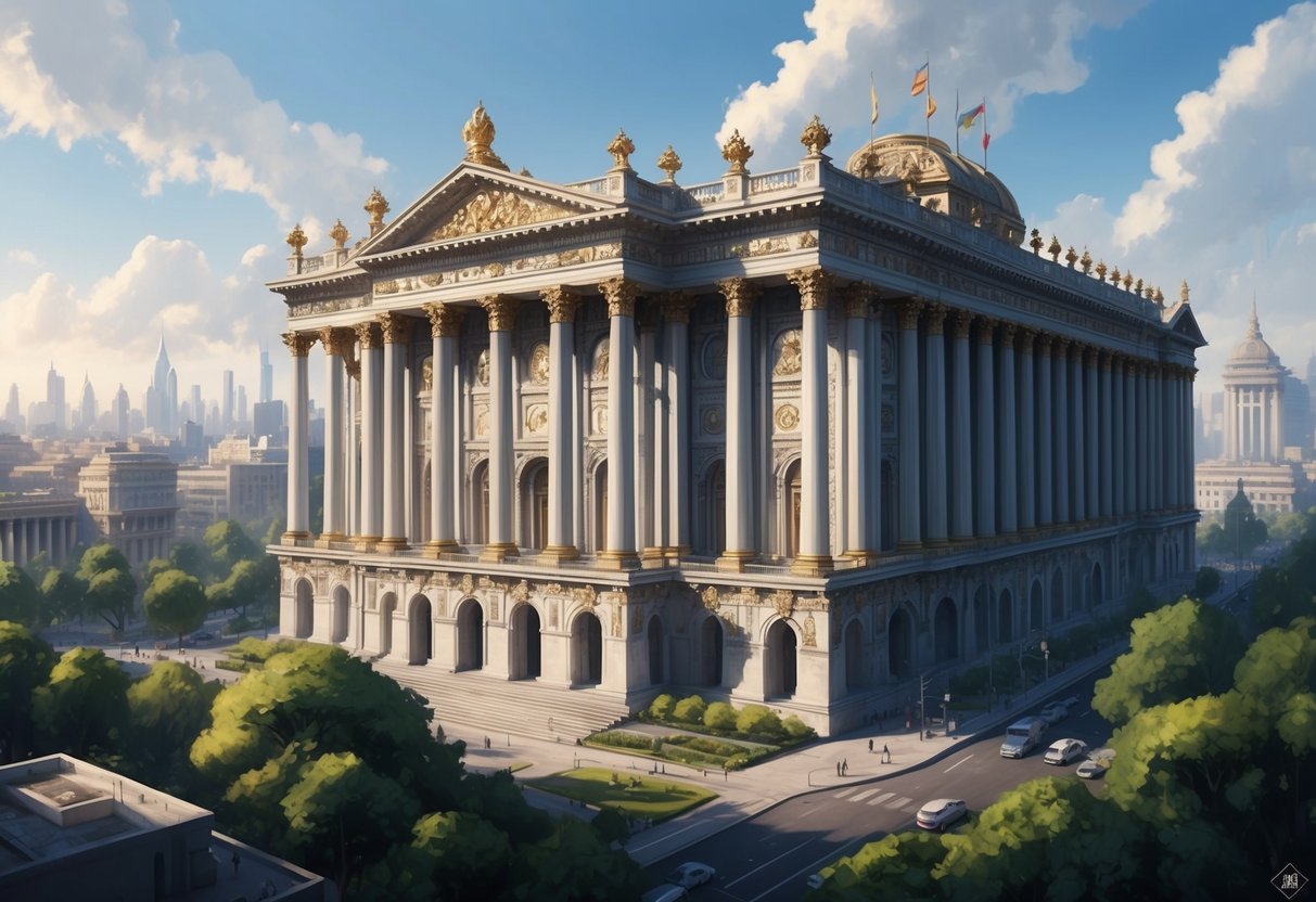 A grand, ornate building with columns and intricate architecture stands proudly in a bustling city, surrounded by lush greenery and adorned with cultural symbols