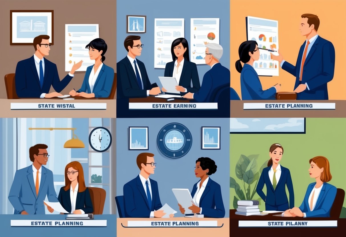 A lawyer discussing estate planning with clients in five different state-specific settings