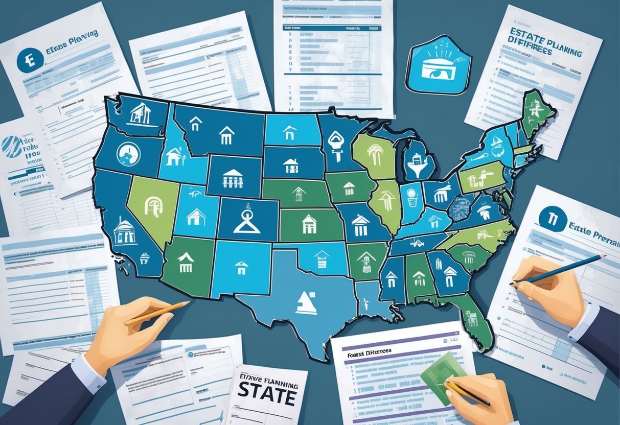 A group of five state maps with various symbols representing estate planning differences, surrounded by financial documents and tax forms