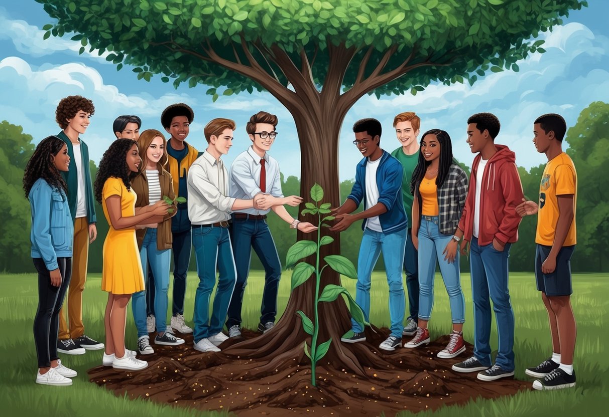 A diverse group of young people gathered around a tree, symbolizing growth and longevity, while a figure plants seeds in the ground nearby