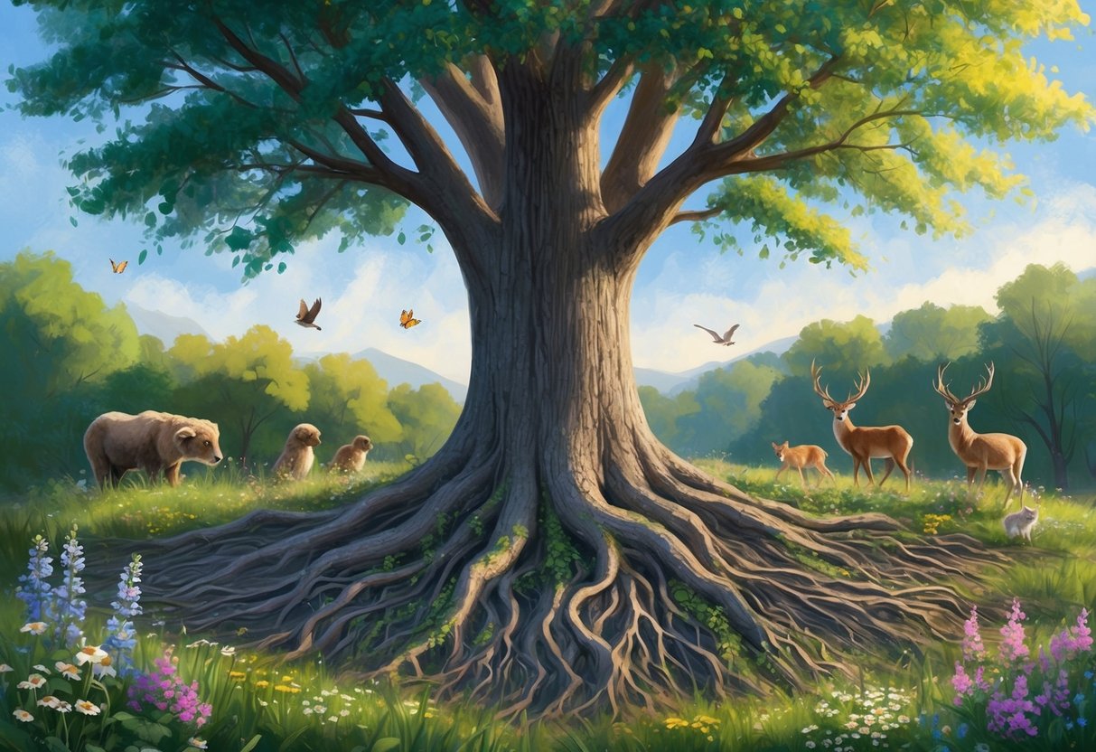 A tree with deep roots, surrounded by blooming flowers and thriving wildlife, symbolizing the enduring impact of endowments on a community