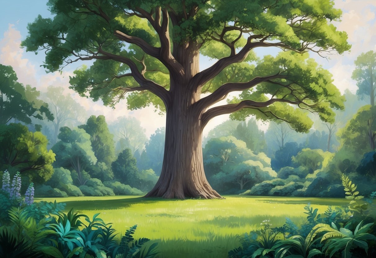 A grand oak tree stands tall in a lush, thriving forest, symbolizing the enduring legacy of endowments. Surrounding flora and fauna flourish, depicting the long-term impact and lasting legacy of endowments