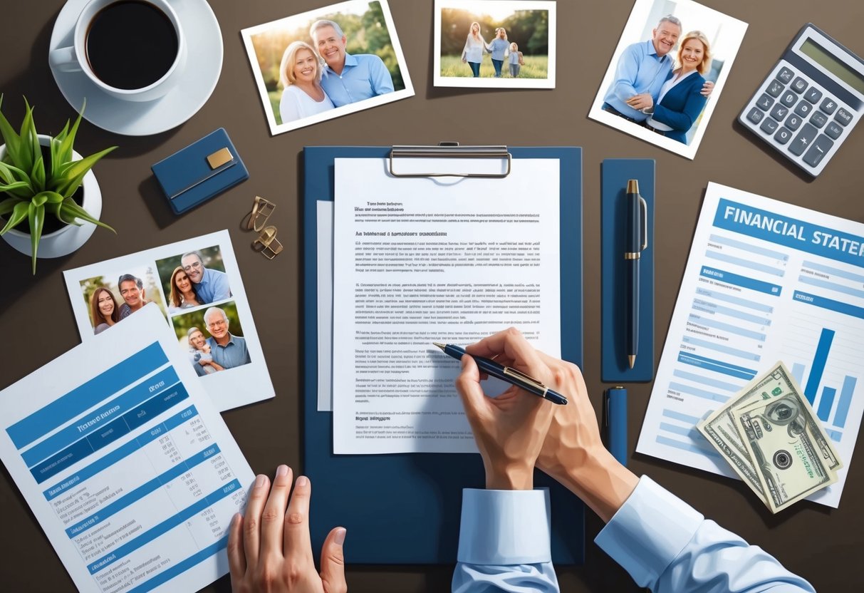 A desk with a pen, paper, and legal documents, surrounded by family photos and financial statements