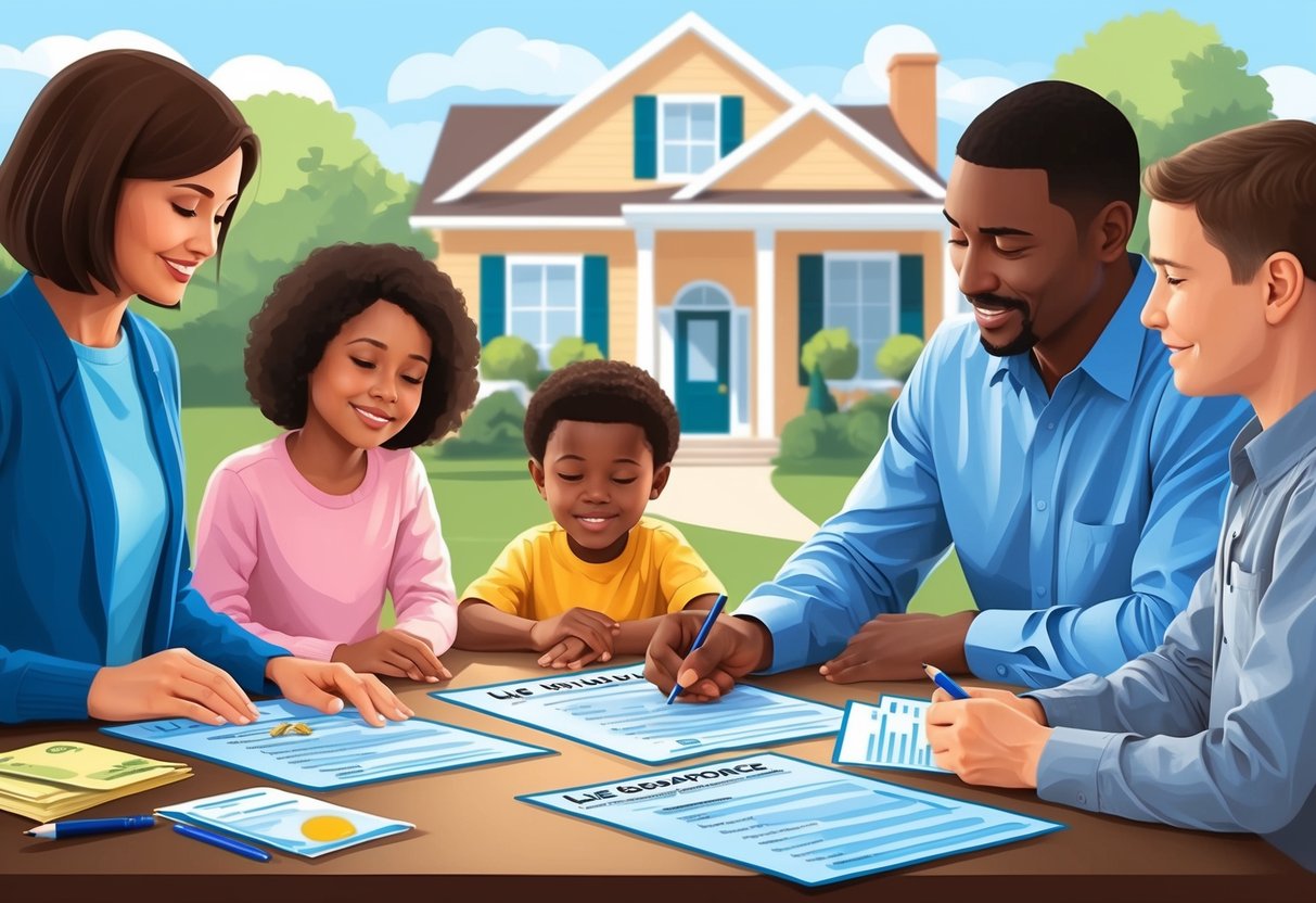 A family sitting around a table, with a house and financial documents in the background. A parent is signing a life insurance policy while the other family members look on