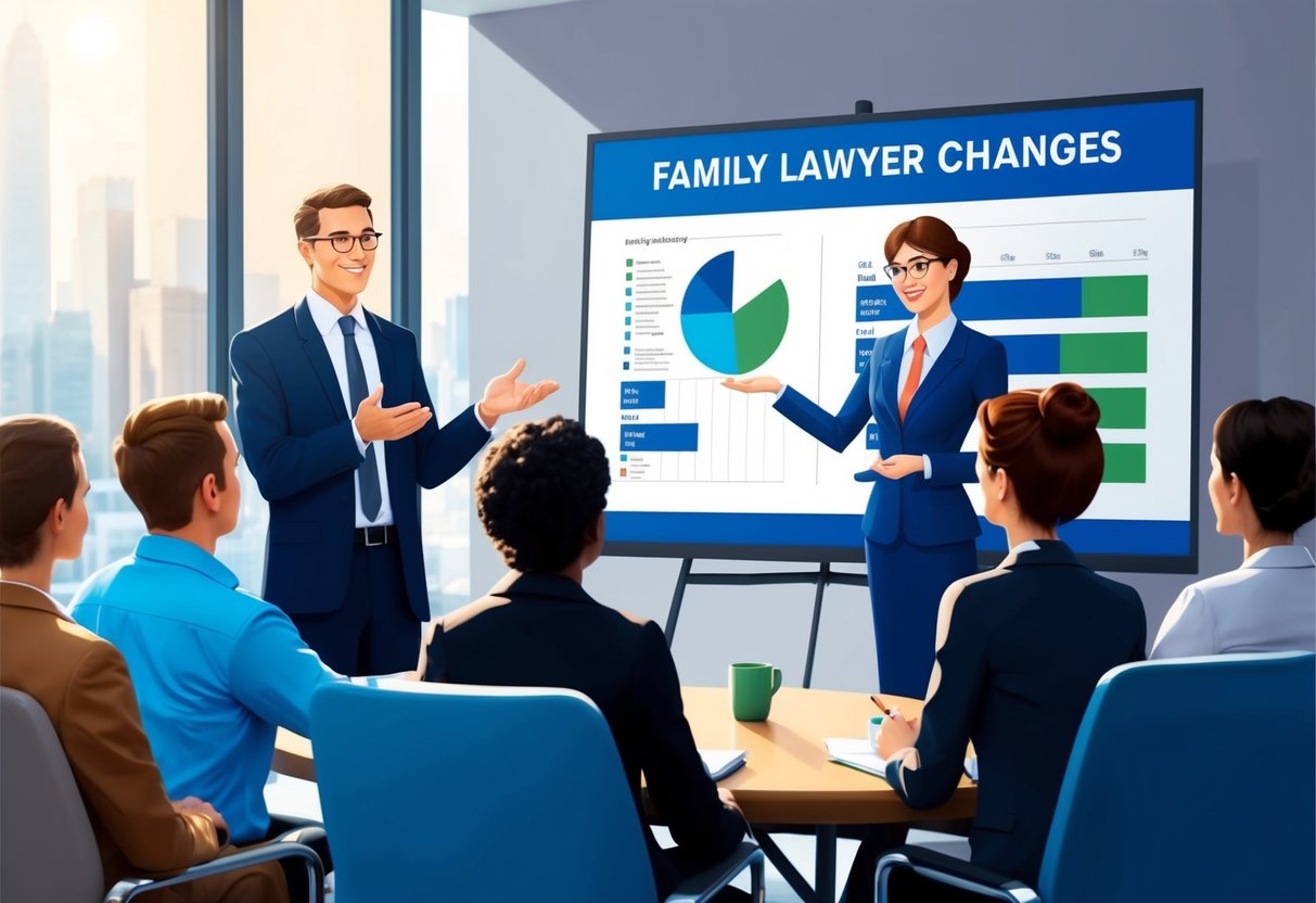 A family lawyer presenting a chart of recent tax law changes to a group of clients in a modern office setting
