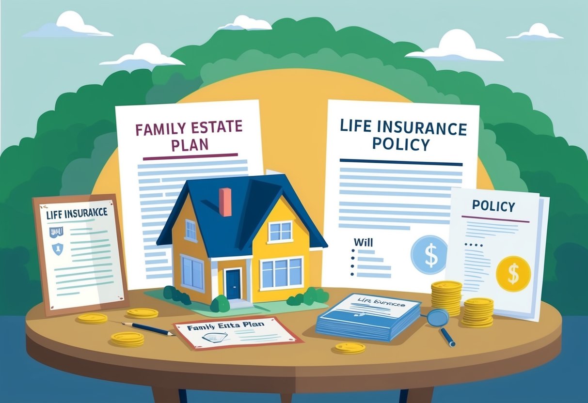 A family estate plan is depicted with a house, will, and life insurance policy documents arranged on a table, symbolizing the financial benefits of life insurance