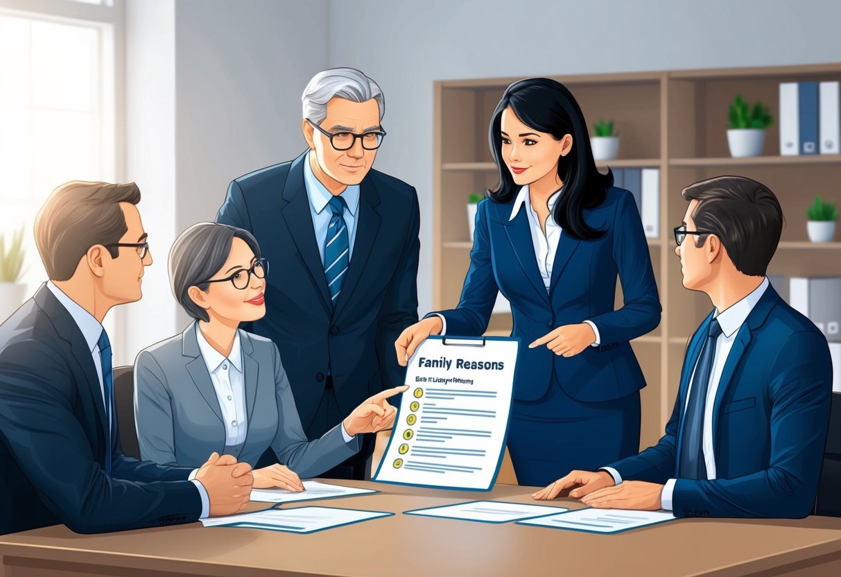 A family lawyer discussing estate planning with clients in an office, pointing to a document with seven reasons listed