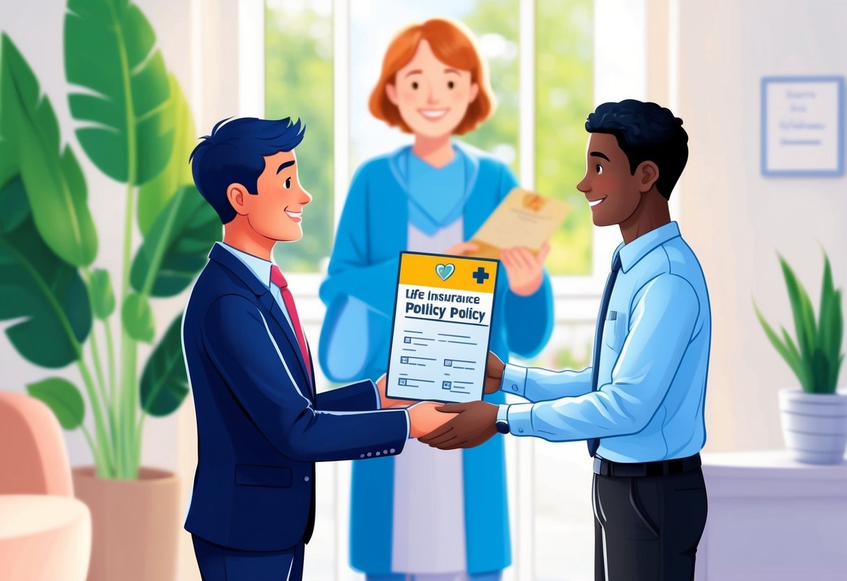 A person handing over a life insurance policy to a charity representative, with a smiling beneficiary in the background