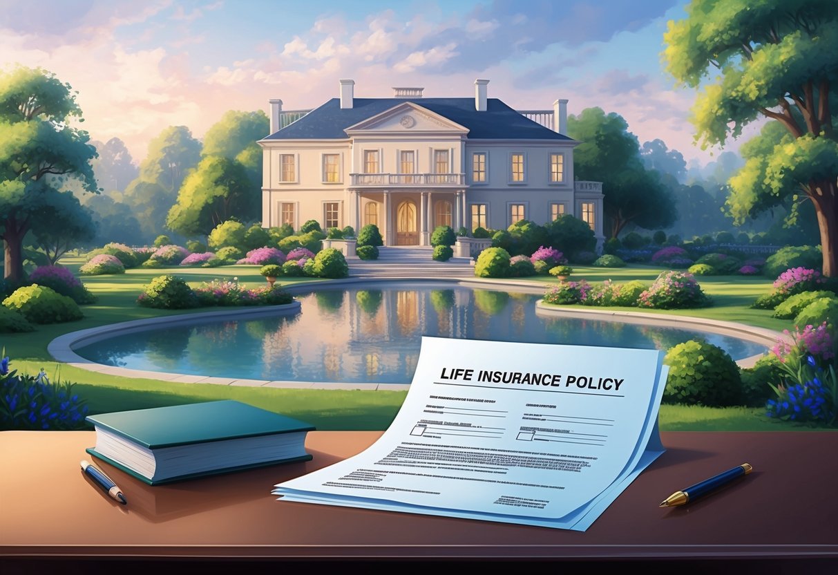 A peaceful estate with a grand mansion surrounded by lush gardens and a serene pond, with a life insurance policy document placed prominently on a desk