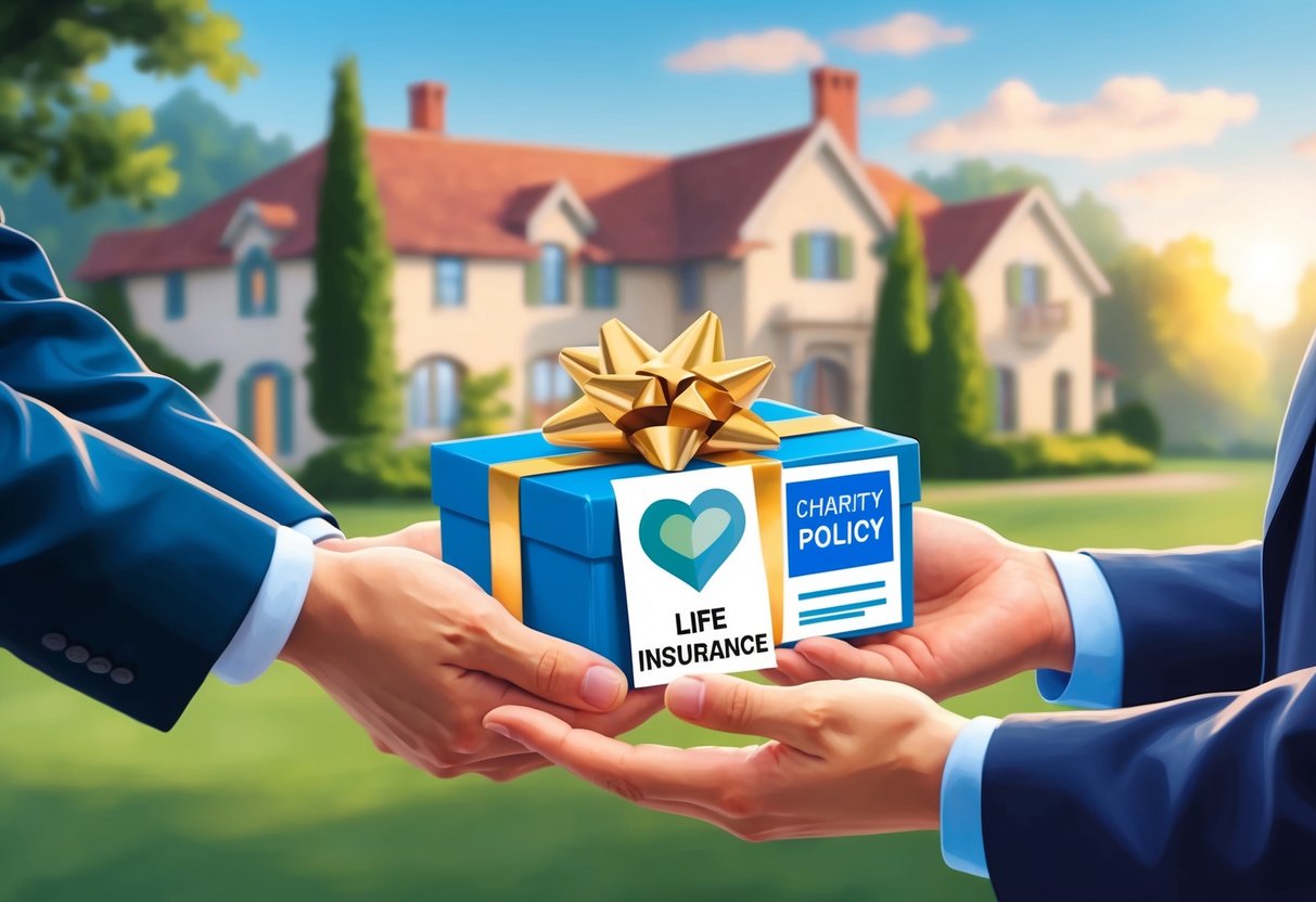 A hand presenting a gift-wrapped life insurance policy to a charity organization's representative, with a backdrop of a serene estate