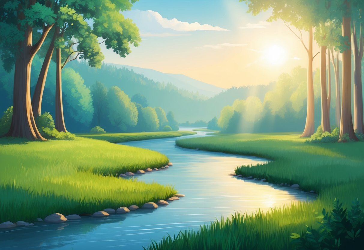 A serene, sunlit landscape with a peaceful river flowing through a lush forest, symbolizing the smooth transfer of assets through life insurance, avoiding probate delays in an estate plan