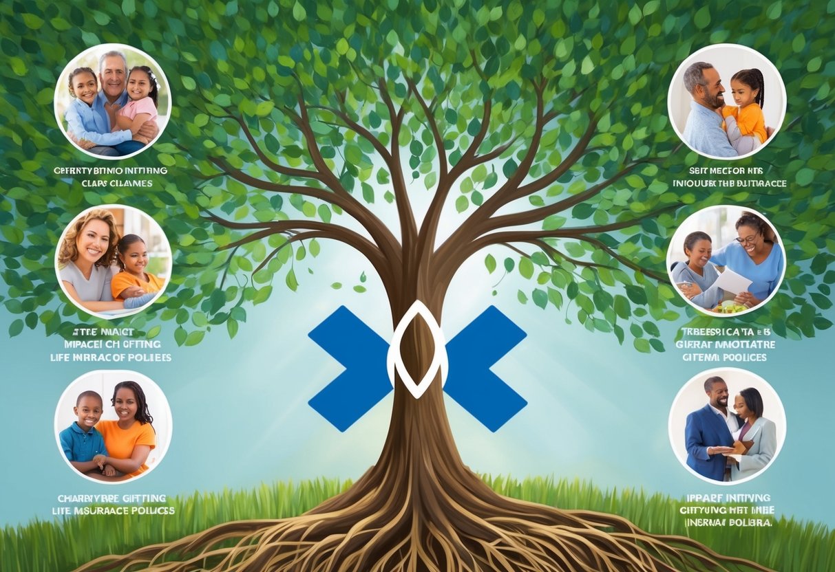 A family tree with roots intertwining with a charity symbol, surrounded by images representing the impact of gifting life insurance policies