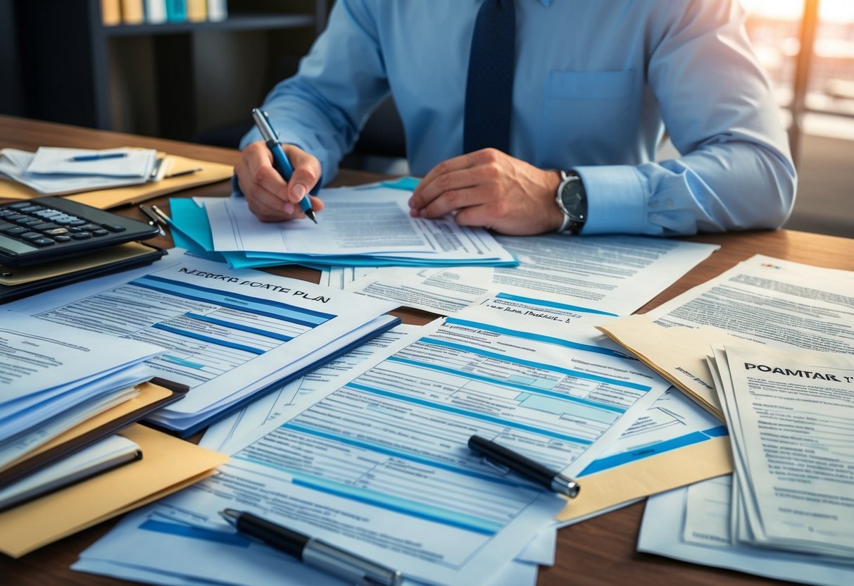 A desk cluttered with legal documents, financial statements, and property deeds. A person sits with a pen in hand, reviewing and updating their estate plan