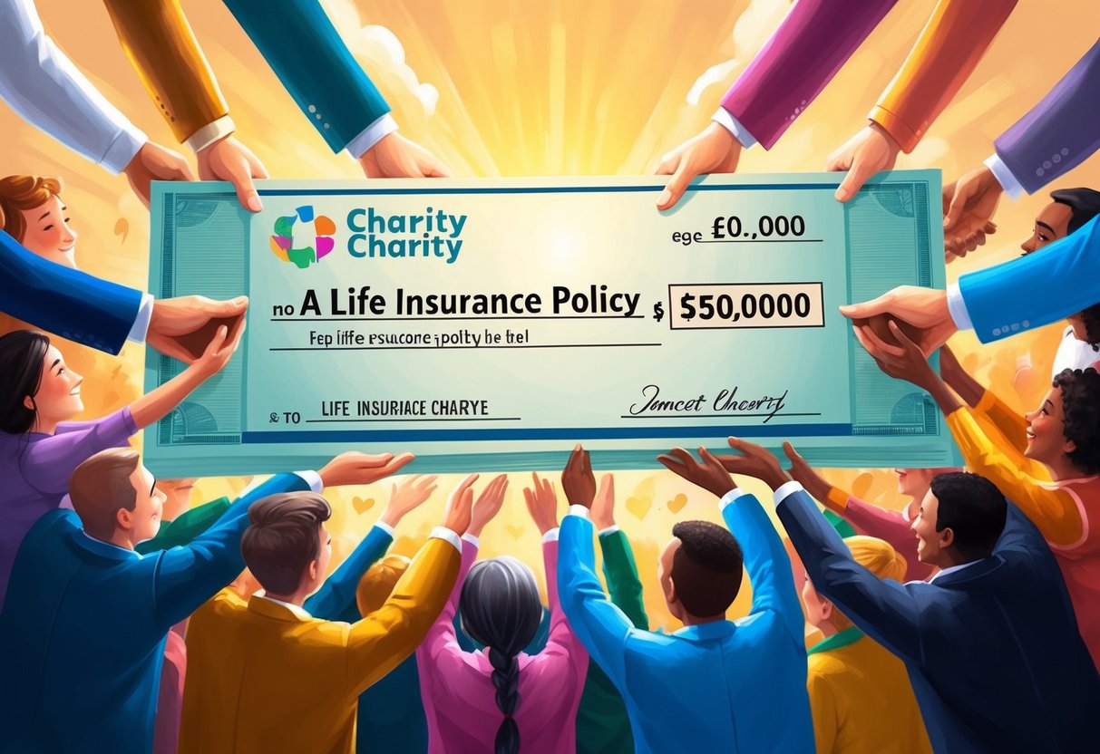 A large check representing a life insurance policy is being handed over to a charity representative, surrounded by a warm and grateful atmosphere