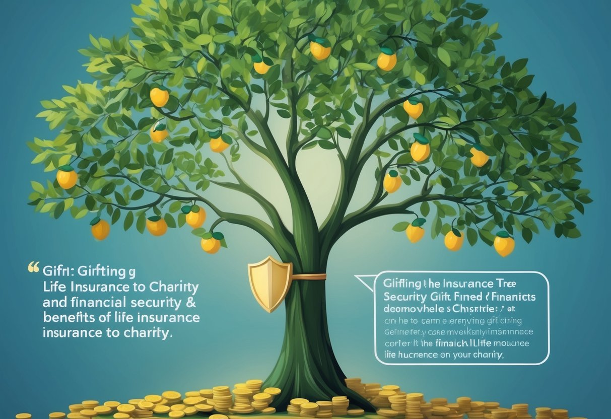 A tree with branches bearing fruit, coins, and a shield, symbolizing financial security and benefits of gifting life insurance to charity